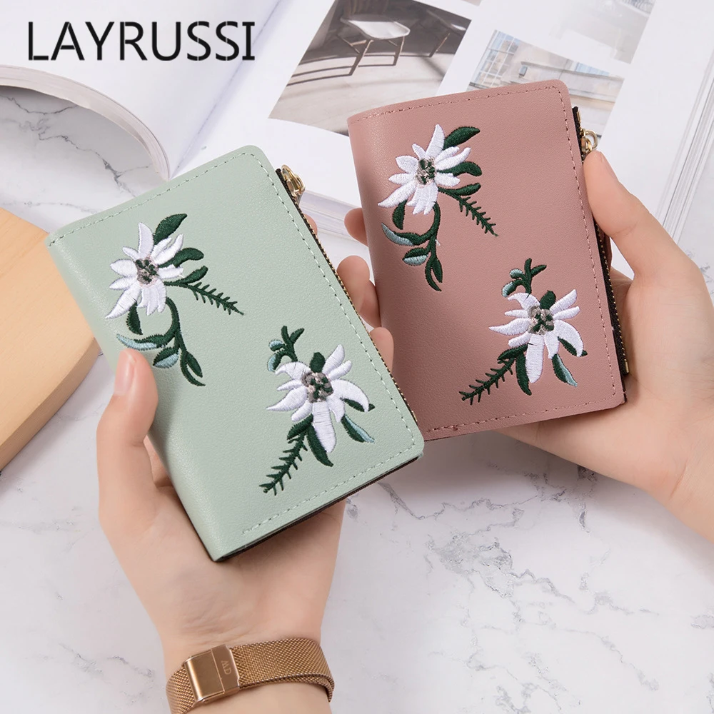 

LAYRUSSI Fashion Embroidery Flower Women Wallet Short Zipper Coin Purse Embossed Floral Leather Vintage Lady Card Holder Wallet