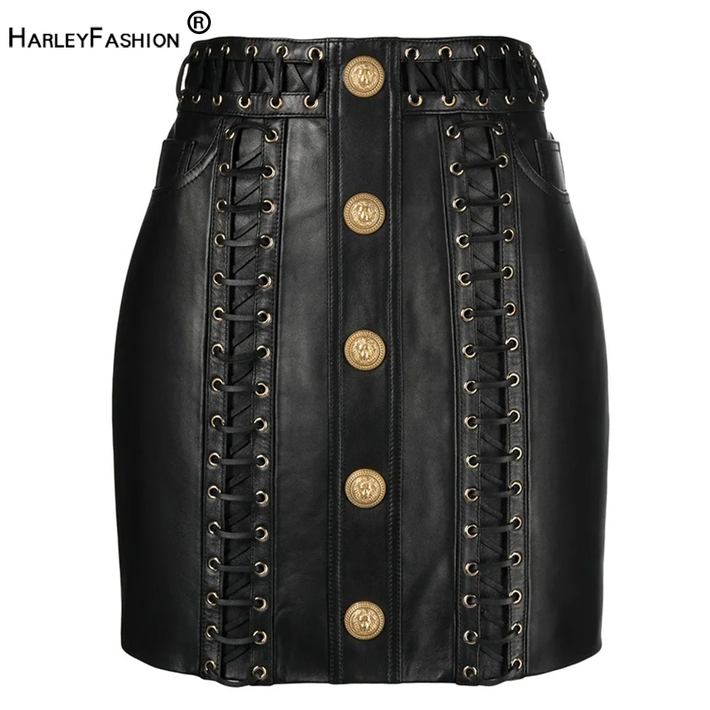 2024 New Spring High Quality Lace-up PU Leather Street Fashion Women Skirt Luxury Design Slim All-matched Saia