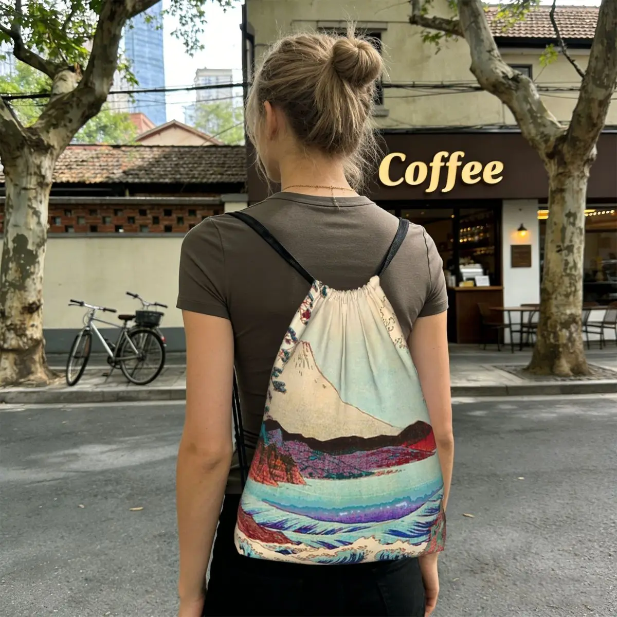 

Рюкзаки с изображением пейзажа горы Фудзи и моря, повседневные сумки на шнурке, сумки для хранения, сумки для книг для мужчин, женщин, студентов