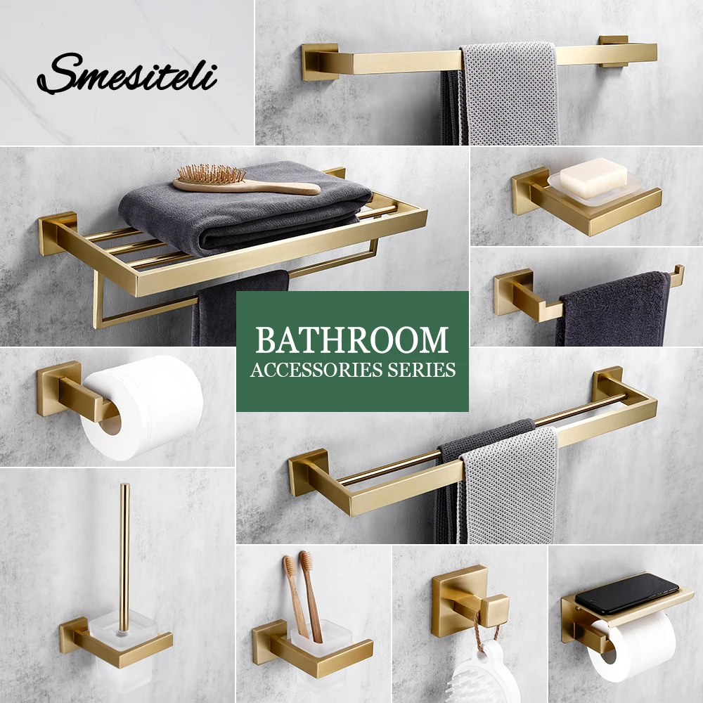 Brushed Gold Bathroom Hardware Set Wall Mount Toilet Paper Roll Holder Towel Rack Robe Hanger Stainless Steel Accessories Kit