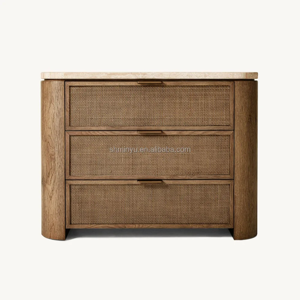 

MYHOME High Quality French Solid Oak Wood Bedroom Furniture 3 Drawers Closed Bedside Nightstands with Travertine Top