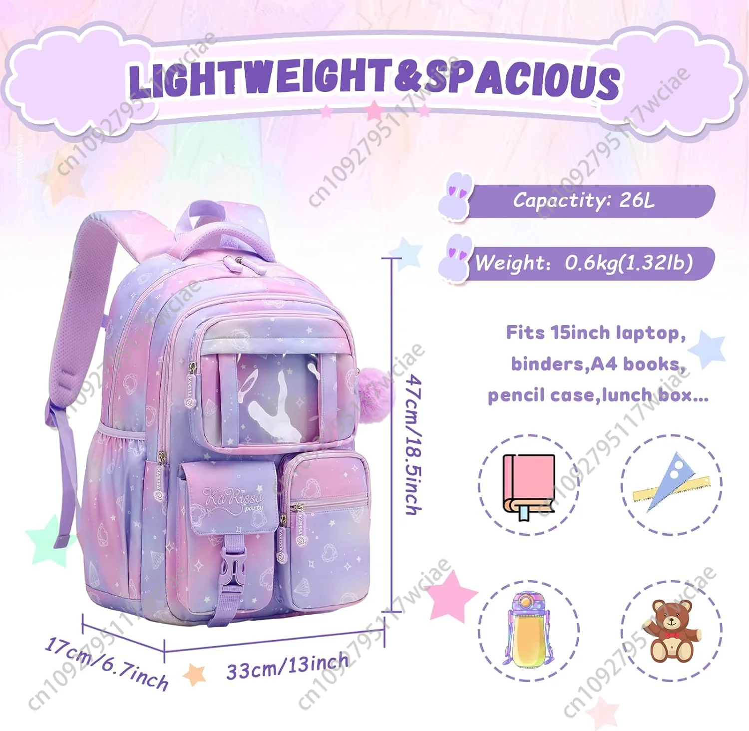 Kids Backpack for Girls - Middle School & Elementary School - Kawaii Ita Backpack - Purple