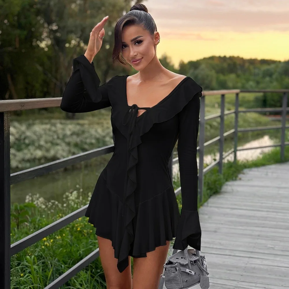

PBY15982 Women's 2024 Ruffle Edge Pointed Collar Tied Rope Trumpet Sleeve Dress
