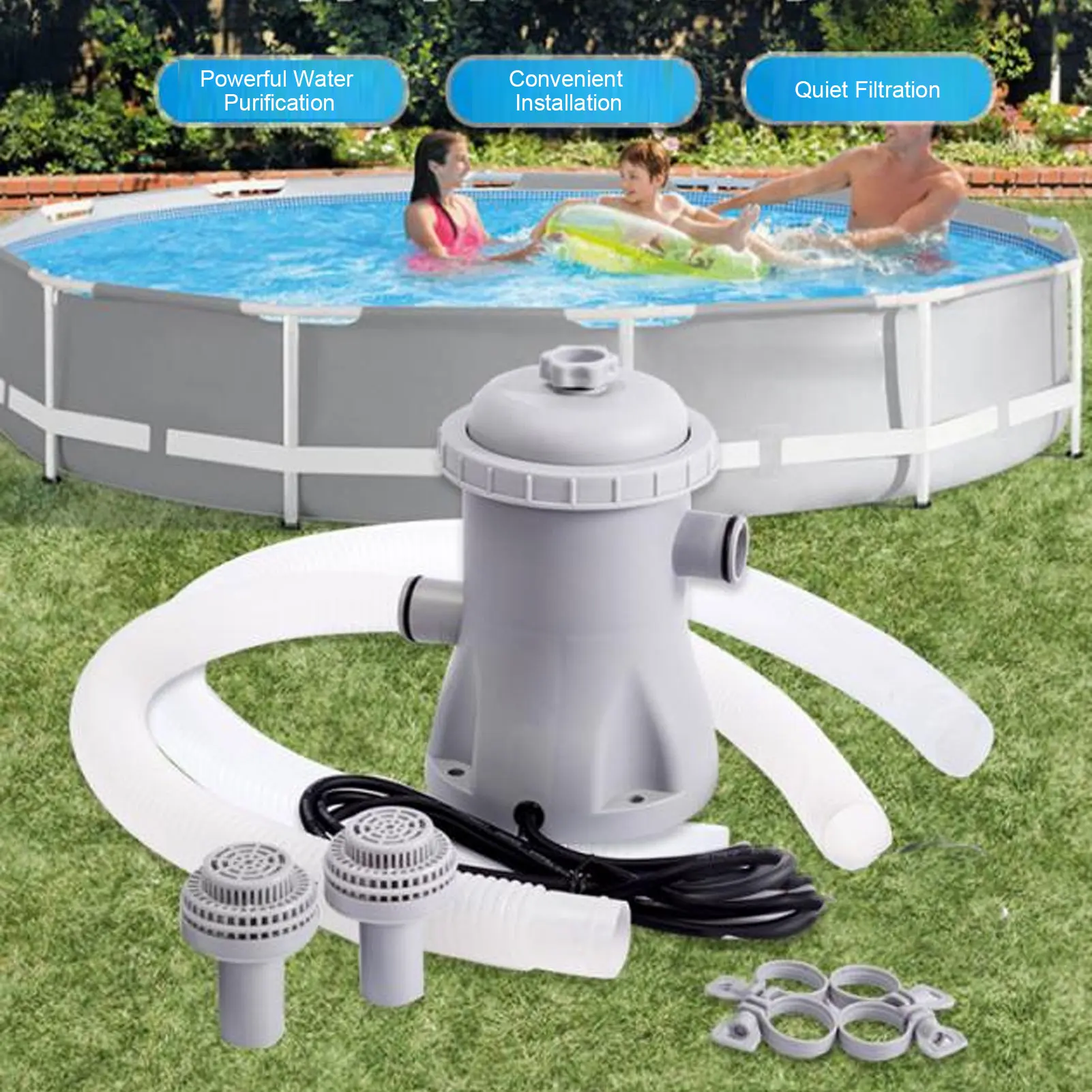 Inflatable Pool Filter Pump Kit Cartridge Pool Filters Pump Electric ABS 330 Gallon 16W Energy Saving Low Noise for Cleaning