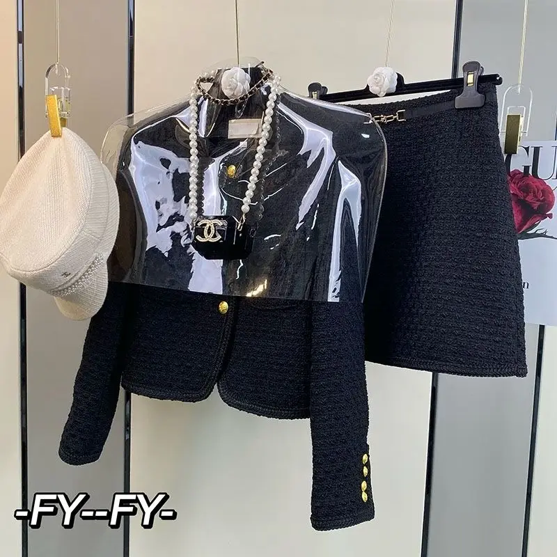 

Women Elegant Vintage Tweed Y2K Suit Jacke Coat Top And Skirt Two Piece Set Matching Outfit Winter Jacquard Party Black Clothing
