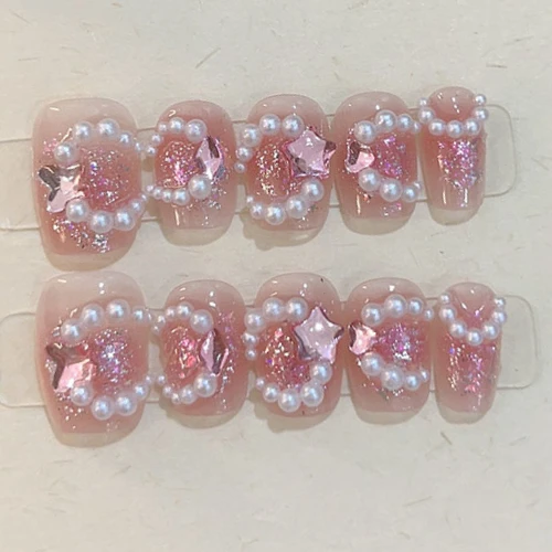 10Pcs Short Handmade Press on Nails Full Cover Colorful Cute Pearls French Ballerina False Nails Manicure Wearable Nail Tips Art