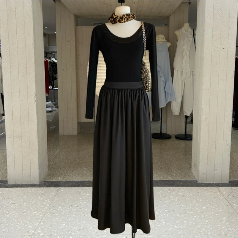 فساتين ماكسي طويلة السنة الجديدة تاريخ حفلة الفتيات امرأة الخصر النحيف وهمية 2 قطعة تصميم أنيق أسود ربطة القوس فيونكة تي شيرت فستان Vestidos #6