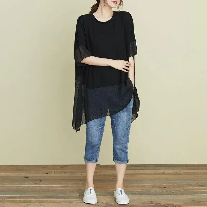 DIMANAF Plus Size Women Blouse T-Shirt Summer Patchwork Oversize O-Neck Loose Short Sleeve Casual Lady Tops Tees Black
