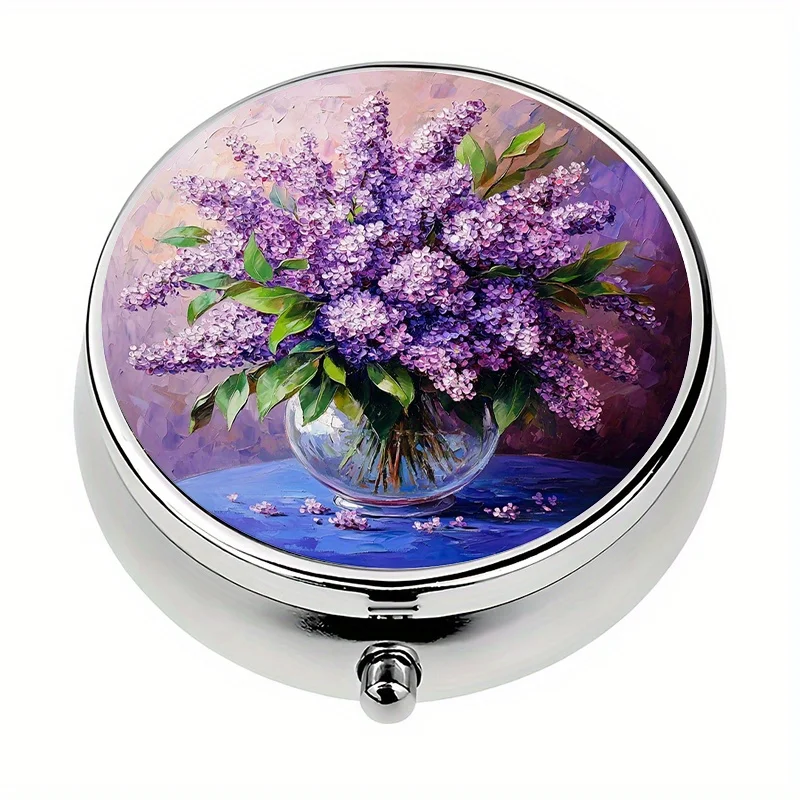 1-piece three-compartment pill box, lilac bouquet theme, pill storage box, portable pill box, unique travel gift