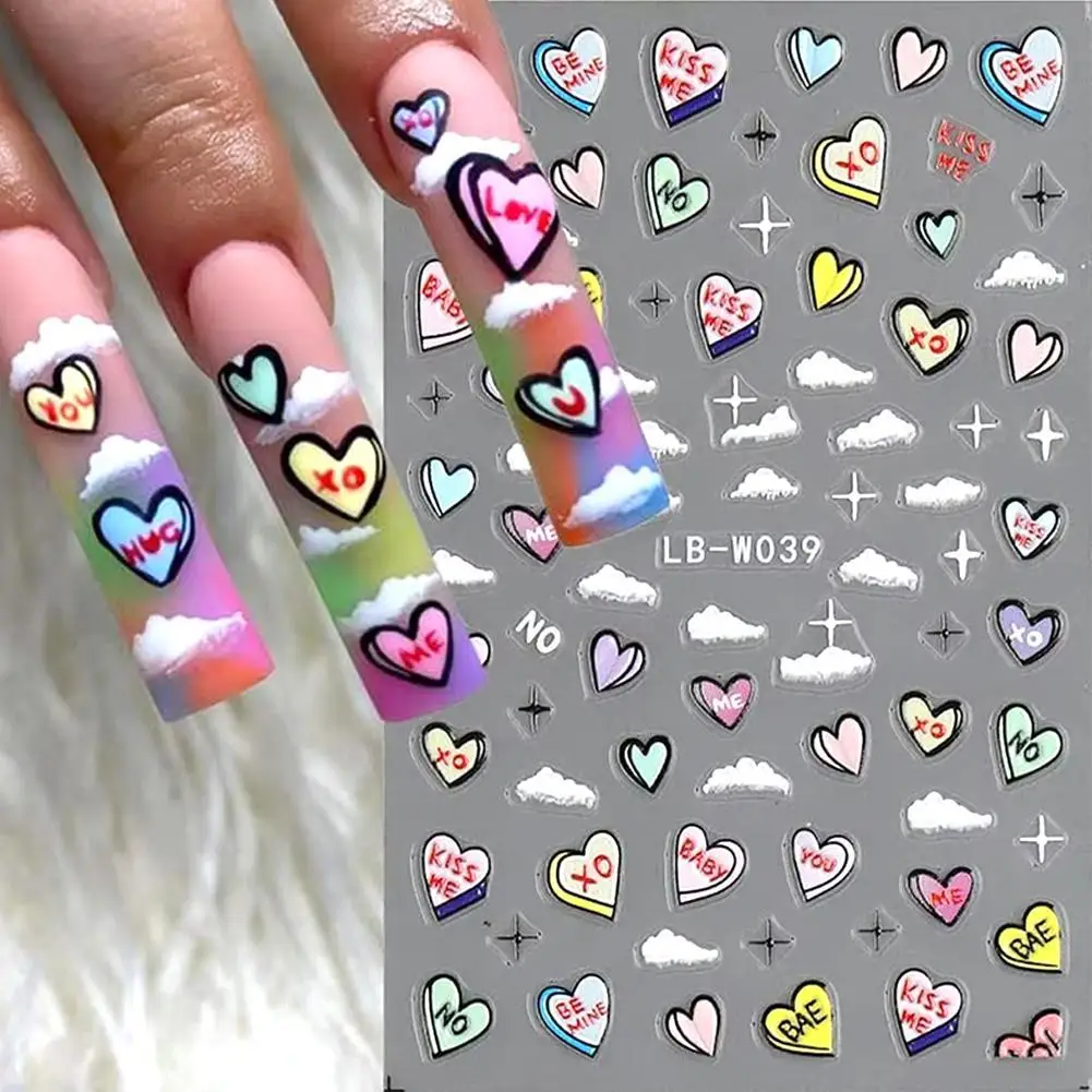 4PCS 5D Bowknot Nail Stickers Red White Ribbons Heart Letters Nail Decal Y2K Nail Design Manicure Deco Sliders Nail Decor