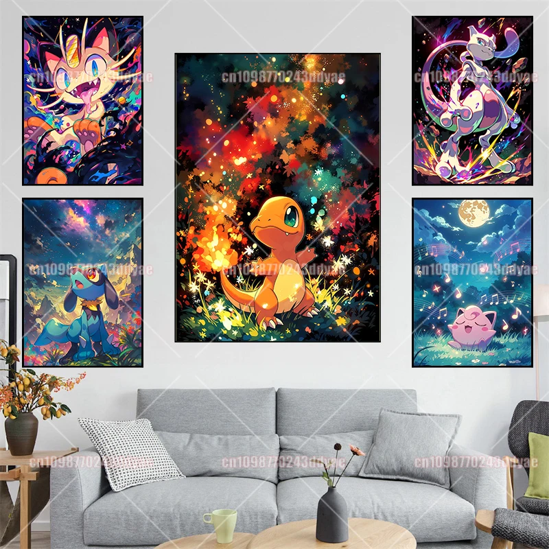 

Japanese Anime Canvas Painting Pokemon Pikachu Poster Bright HD Color High Quality Home Decoration Cartoon Character Picture
