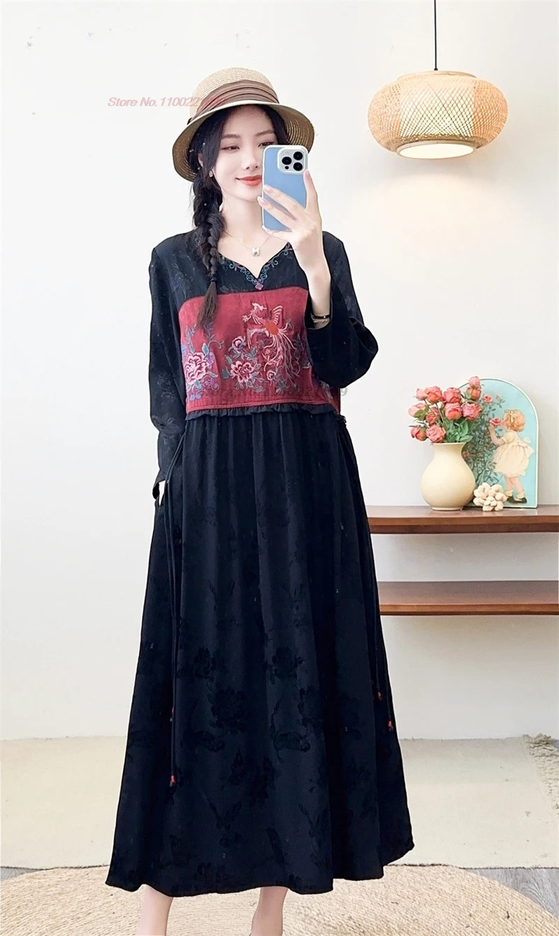 

2024 traditional chinese vintage dress national phoenix embroidery hanfu dress retro satin jacquard dress oriental a-line dress