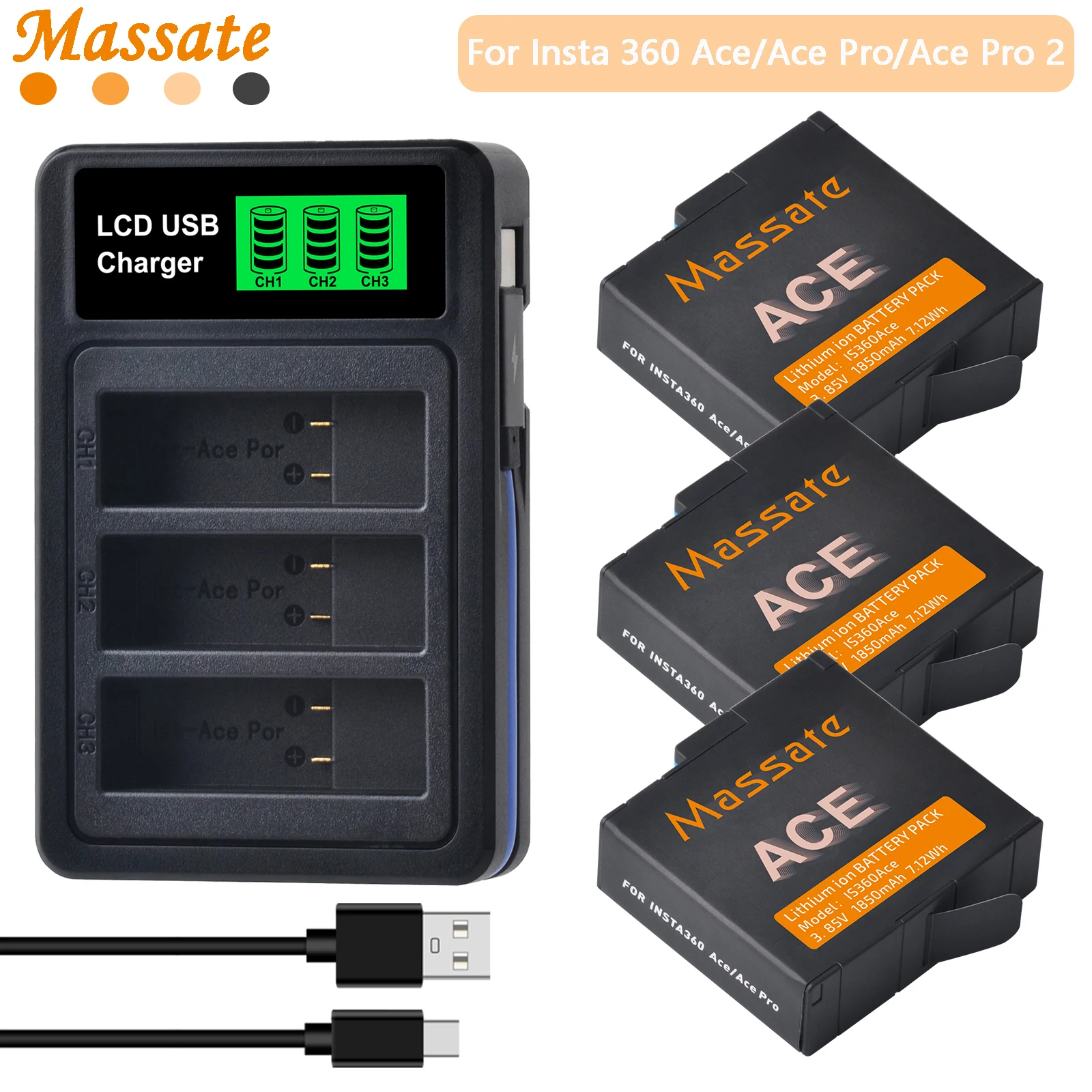 

Massate Rechargeable Li-ion Battery +3-Slot LCD fast charger for Insta360 Ace /Ace Pro /Ace Pro 2 Action Camera Accessories