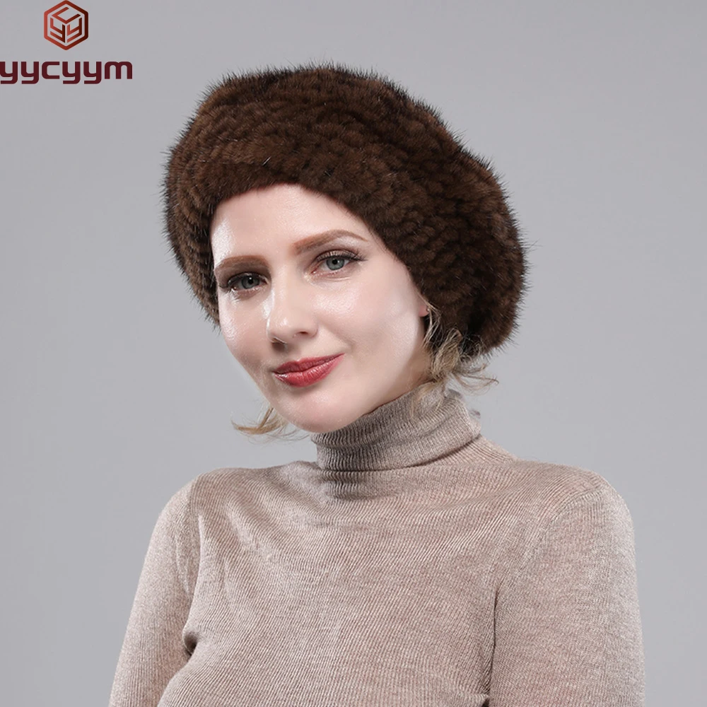 Real Mink Fur Berets Elegant Women's Winter Caps New Design Fashion Fur Hats Knitted Warm Natural Mink Fur Beanies Hat