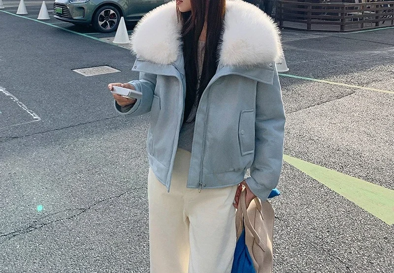 New Lambhair Big Fur Collar Women's Short Style with A High-end Temperament Small Winter Down Cotton Coat Jacket