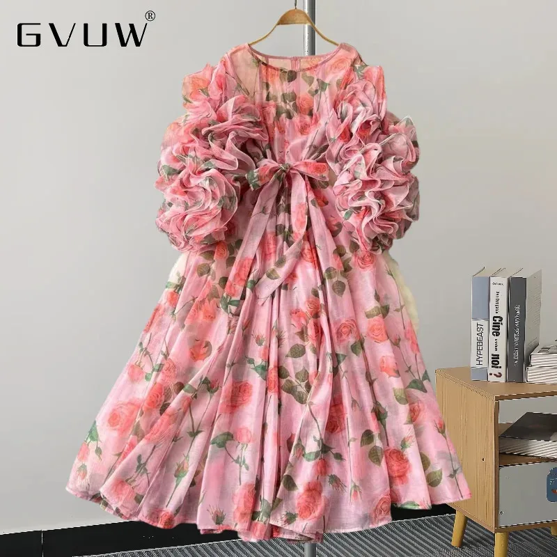 

GVUW Fashion Gauze Dress Print Women Lantern Sleeve A Line Lace-up Round Collar Elegant Evening Party Lady Dresses 17G7814