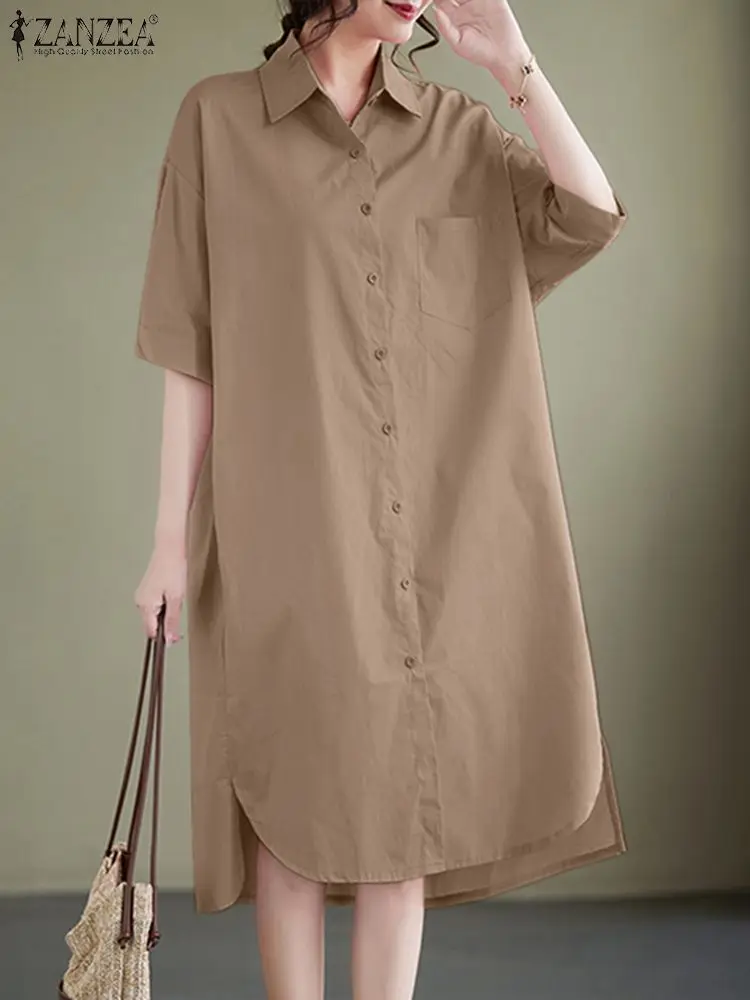 ZANZEA Casual Loose OL Work Shirtdress Women Summer Sundress Half Sleeve Lapel Neck Vestidos Solid Buttons Down Midi Robe Kaftan