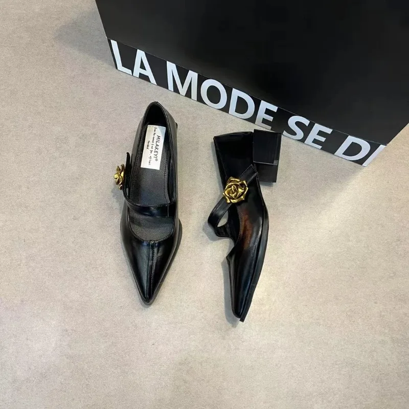 2025 New Spring Metal Rose Red Single High Heel Women's Shoes Wide Heel Champion Mary Jane Shoes Wedding Shoes Bride image 2