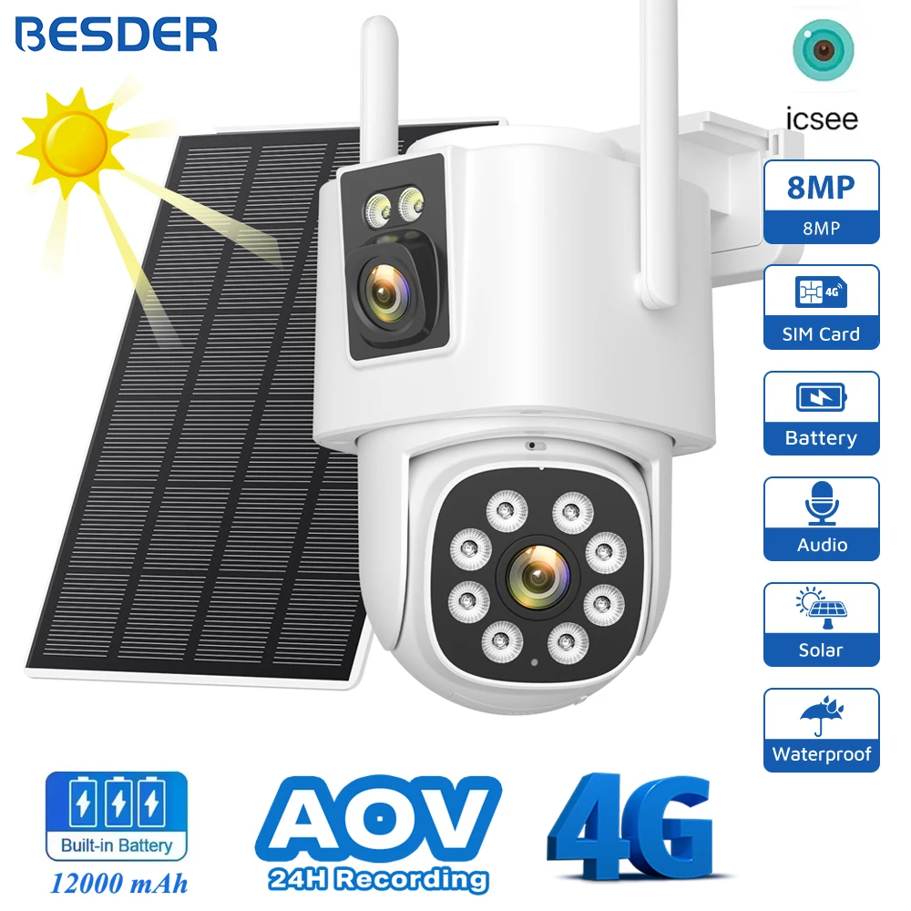 BESDER 4G cámara Solar tarjeta SIM 8MP lente Dual AOV 24/7 grabación de vídeo con batería detección humana cámara IP de vigilancia CCTV iCSee