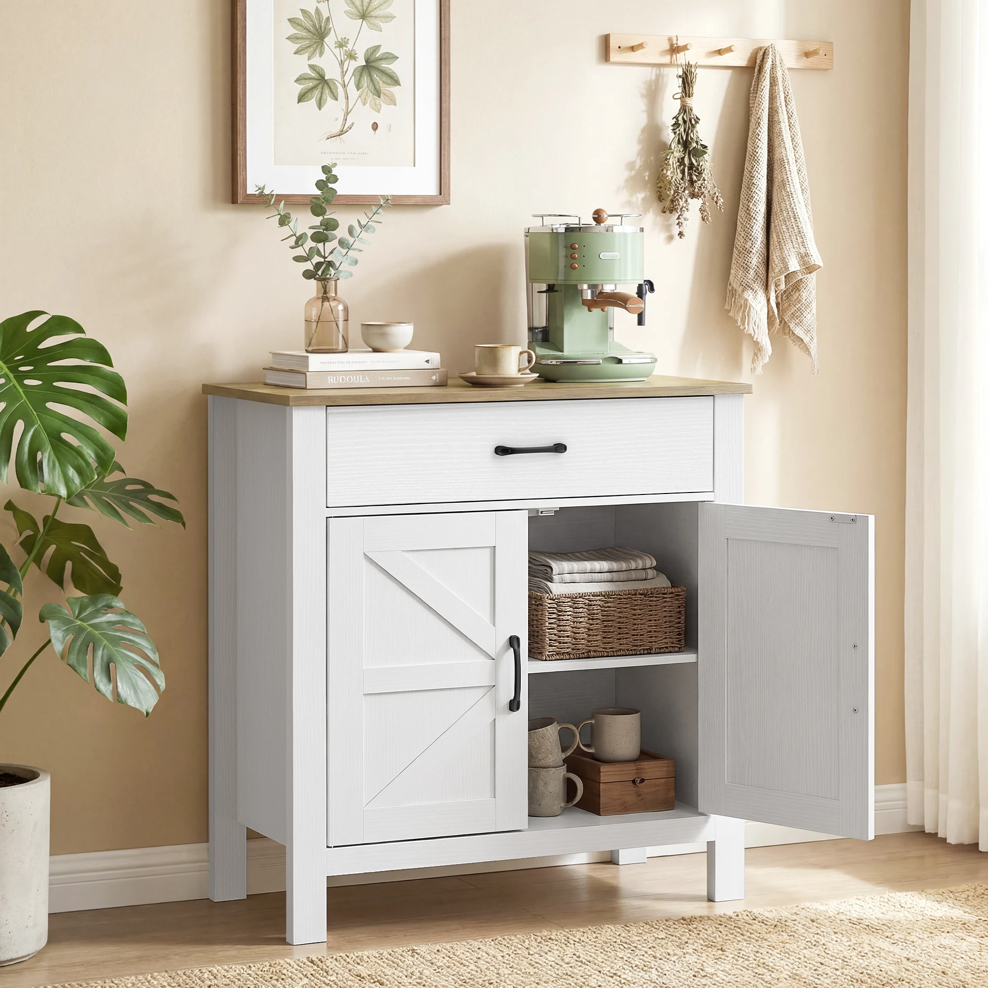 Mueble tipo buffet para la sala de estar, con dos puertas correderas, cajón y estante ajustable, 77 x 39,3 x 81,5 cm, color blanco y marrón.