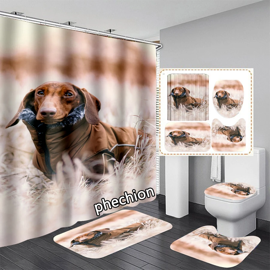 phechion Animal Dachshund Art 3D Print Waterproof Bathroom Shower Curtains Toilet Cover Mat Non-Slip Floor Mat (1/3/4Pcs) W89