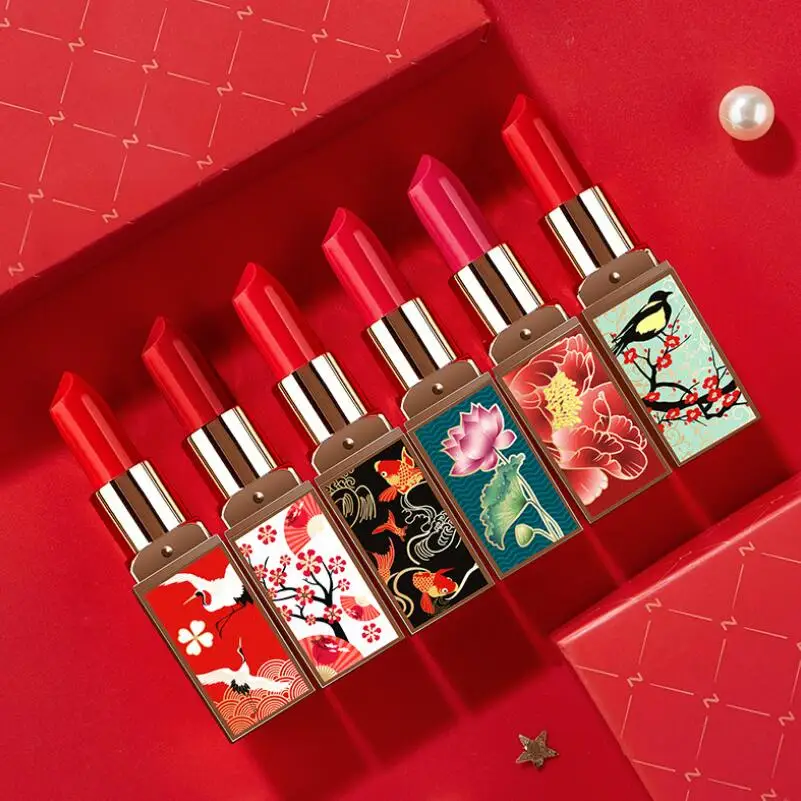 6pcs/set Chinese Style Lipstick Gift Set Box Lasting Moisturizing Nourishing Red Lip stick Cosmetics Women Beauty Makeup Set