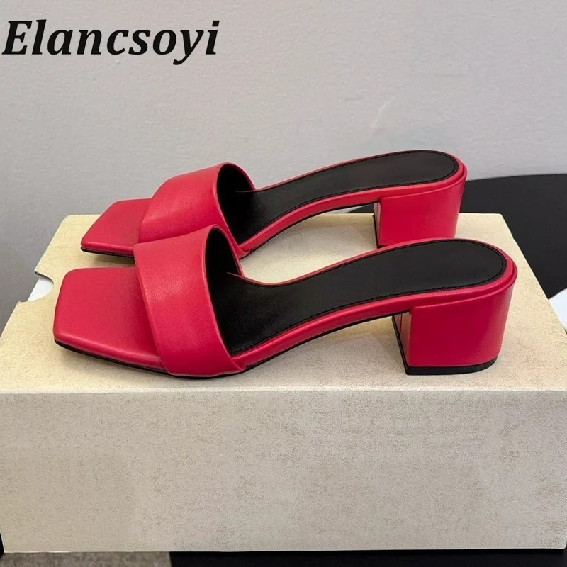 Summer 2026 genuine leather square heel open toe slippers for women, square headed narrow band minimalist high-heeled sandals