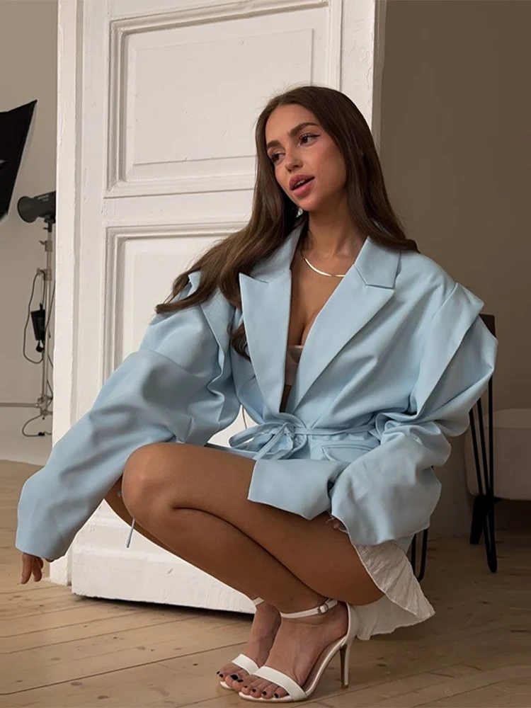 Lace Up Shoulder Pad Blazer Coat Women Elegant Turn-down Collar Long Sleeve Pockets Slim Fit Coats Chic Ladies Commute Outerwear image 3