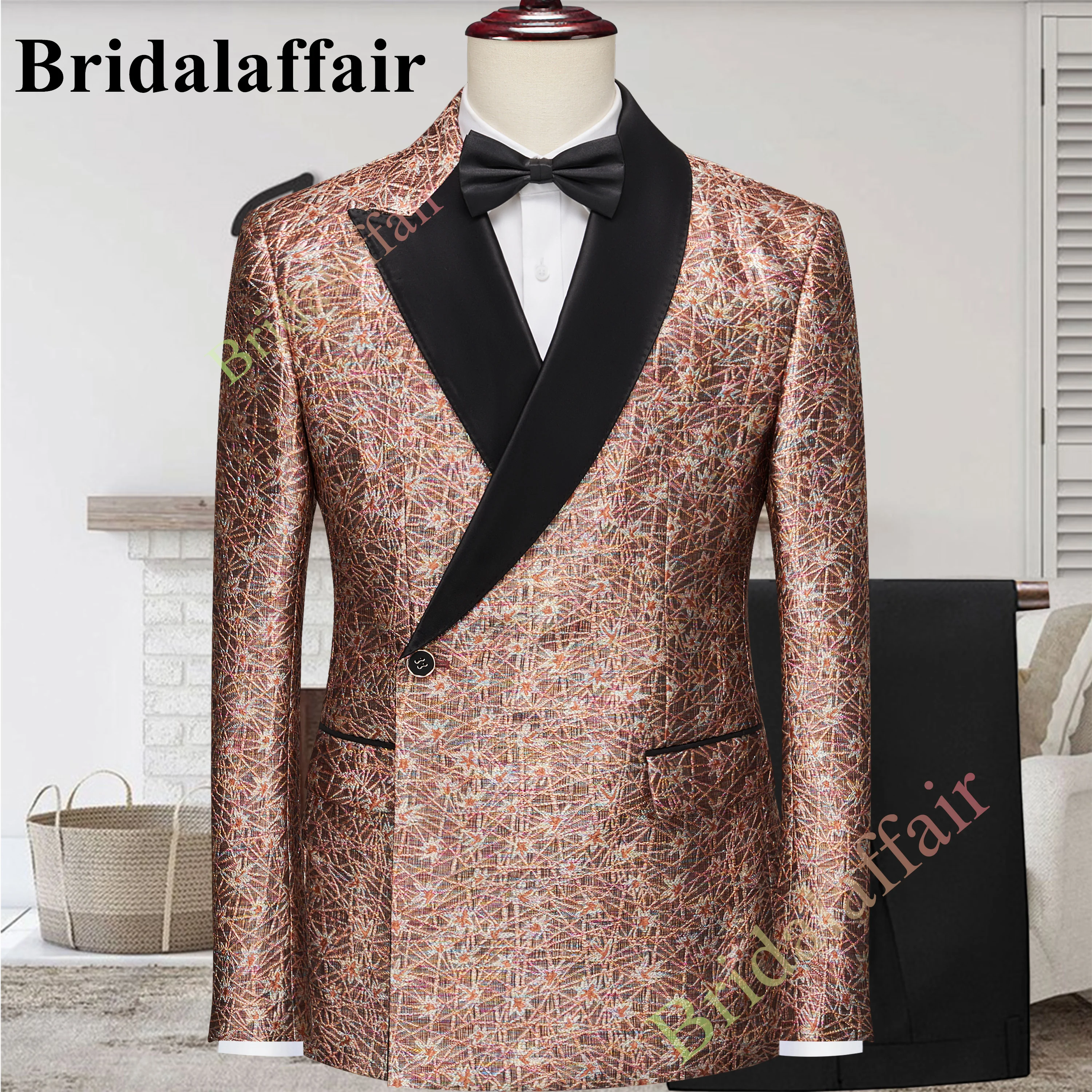 Bridalaffair Mens Elegant Suits Floral Printed Jacquard Prom Wedding Tuxedo Suit for Men 3 Pieces Blazer Coat+Pant+Vest Set