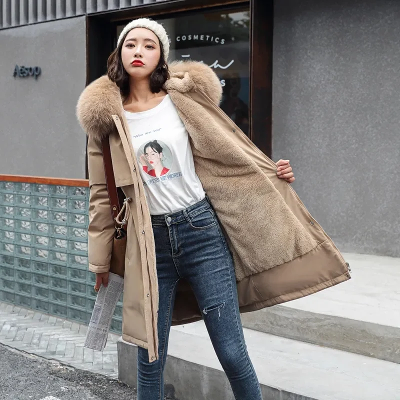 Women Parka Fashion Long Coat Wool Liner Hooded Parkas 2024 New Winter Jacket Slim with Fur Collar Warm Snow Wear Padded Clothes