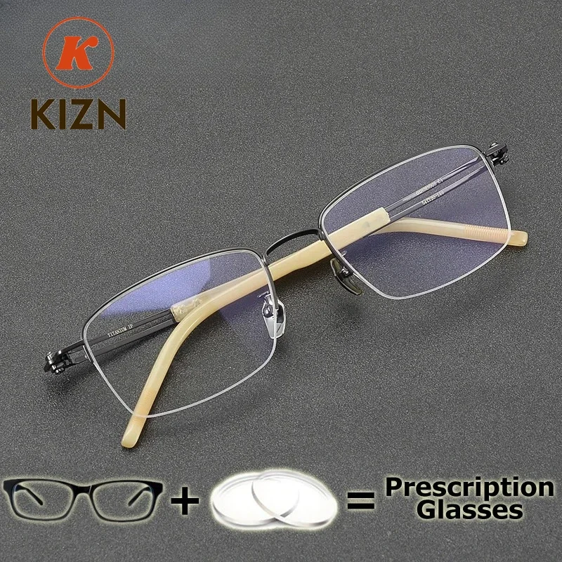 KIZN High End Men OX Horn Pure Titanium Eyewear Frame Prescription for Vision Prescription Glasses Lenses Multifocal Wide Field