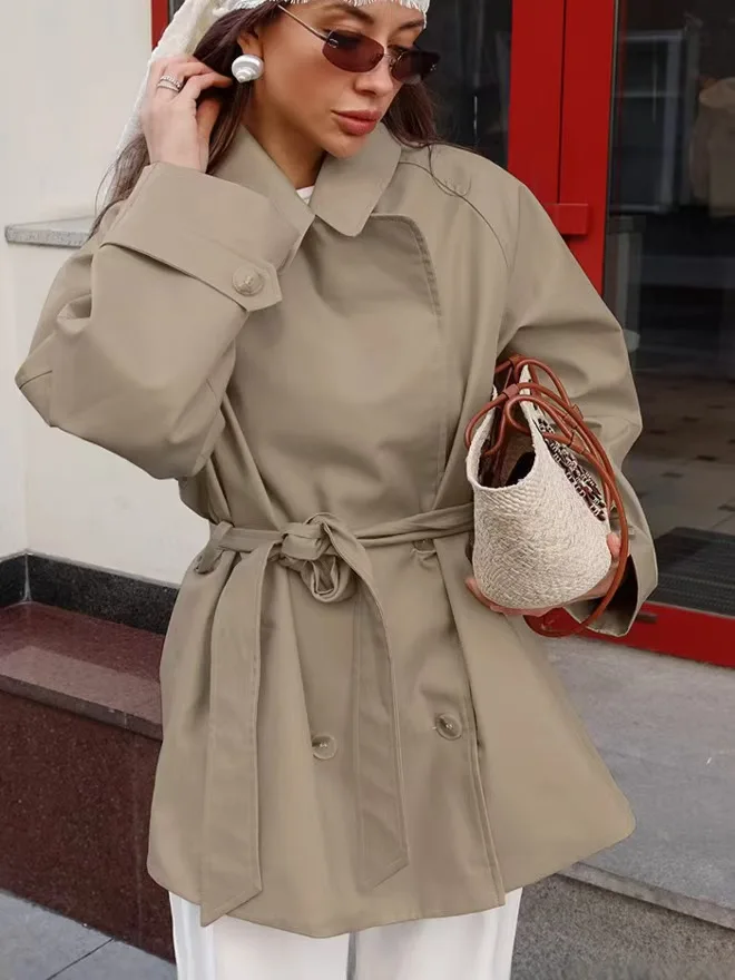 

Faionable, повседневная свободная ветровка с завязками, женское длинное двубортное пальто средней длины с завязками