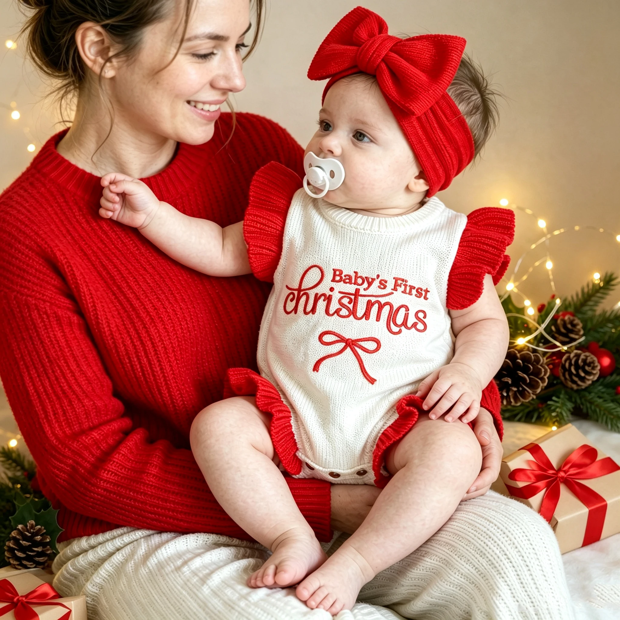 Christmas Knitted Newborn Romper Red Bow Headband Set Baby Photography Outfits for Boys Girls Sweater Jumpsuit leisure OutfitsHD