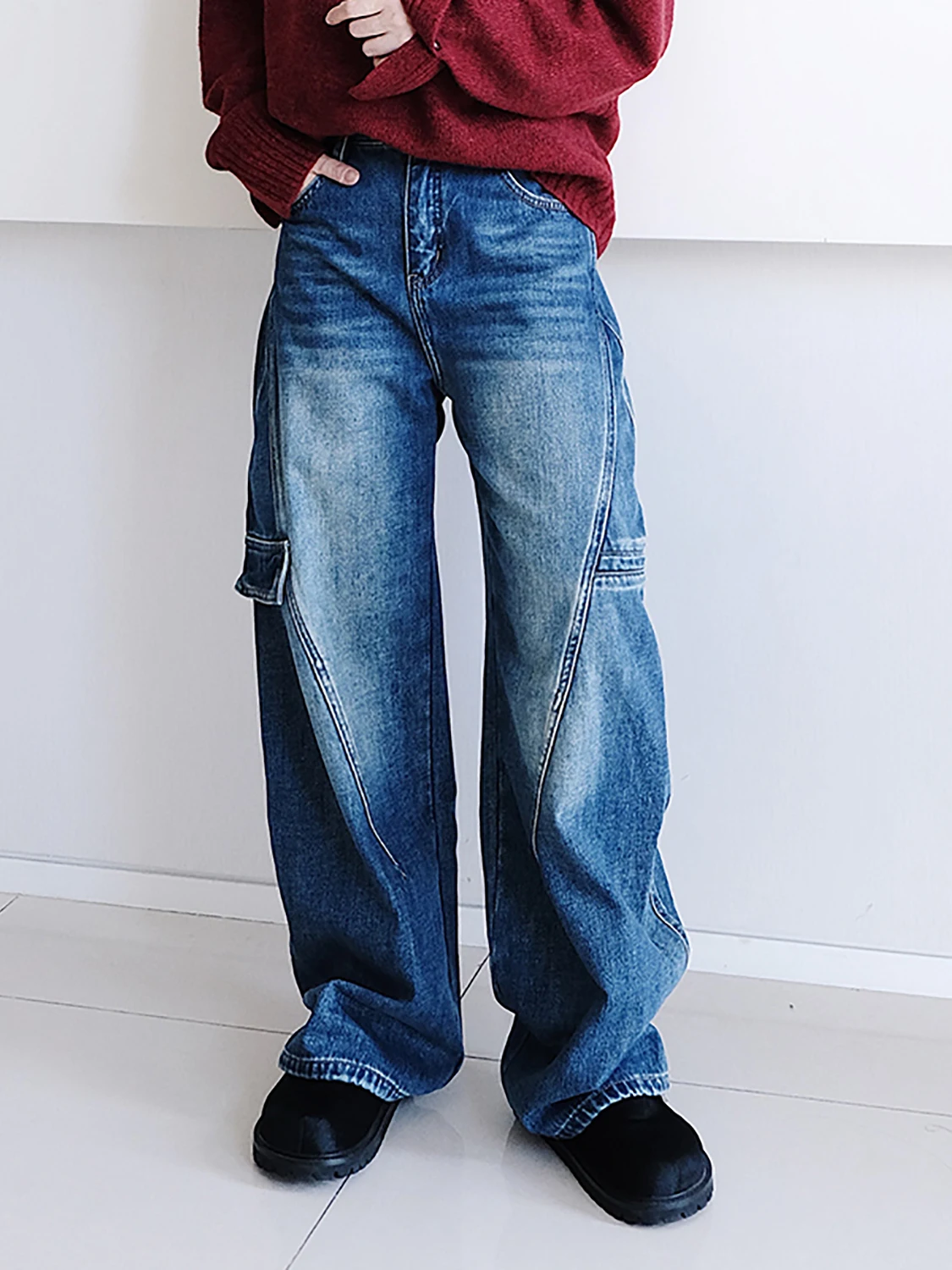 

Женские джинсы-брюки с широкими штанинами на флисовой подкладке, осенне-зимние, из хлопка, с высокой талией, эластичные