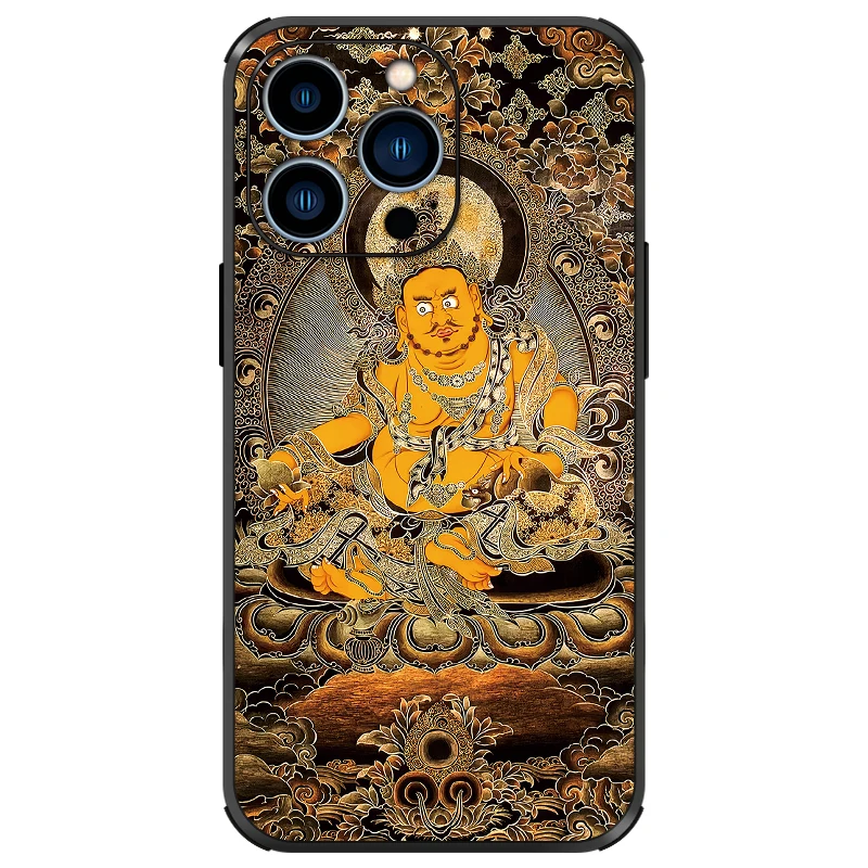 Retro Yellow God of Wealth Buddhist Thang-ga embossed PU leather soft case For Iphone 16 Pro Max 15 14 13 12 11ProMax MR041