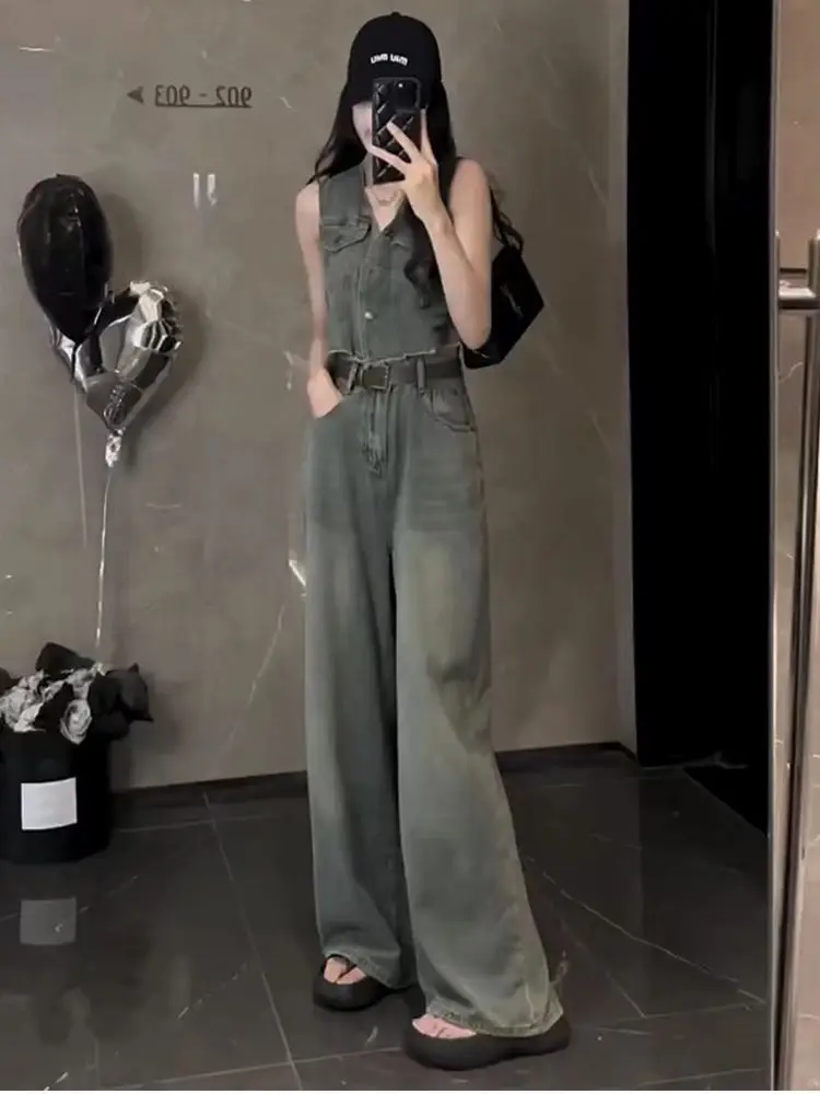 Fashion Korean Version Denim Summer Set with Retro Sleeveless Vest Vest Vest and High Waisted Wide Leg Pants Two-piece Set