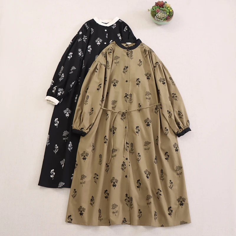 

Japanese Sweet Mori Girl Floral Embroidery Cotton Linen Shirt Dress Women Spring O-Neck Long Sleeve Single Breasted Robe Dress