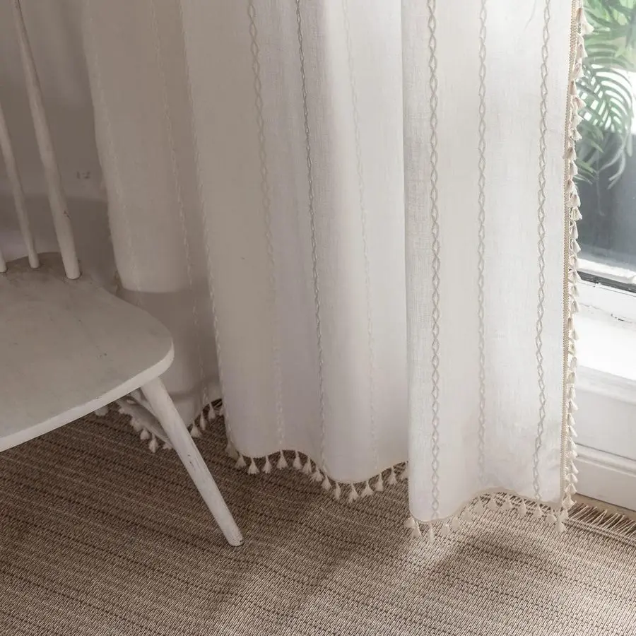 

Curtains SemiBlackout 84 Inch 2 Panels for Living Room, Linen Tassels Farmhouse Curtains with Embroidery for Bedroom Rod Pocket