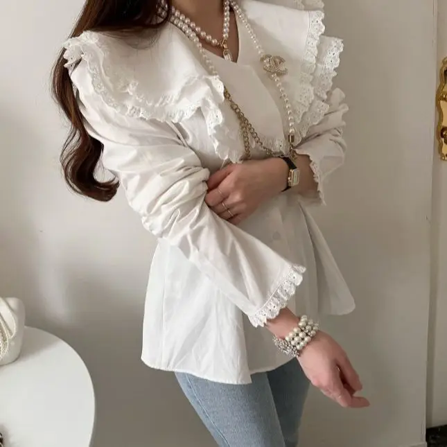 Double Lapel Peter Pan Collar Women\'s Shirt Patchwork Lace Pleated Long Sleeve Korean Blouse Elegant Stylish Office Lady Outfit