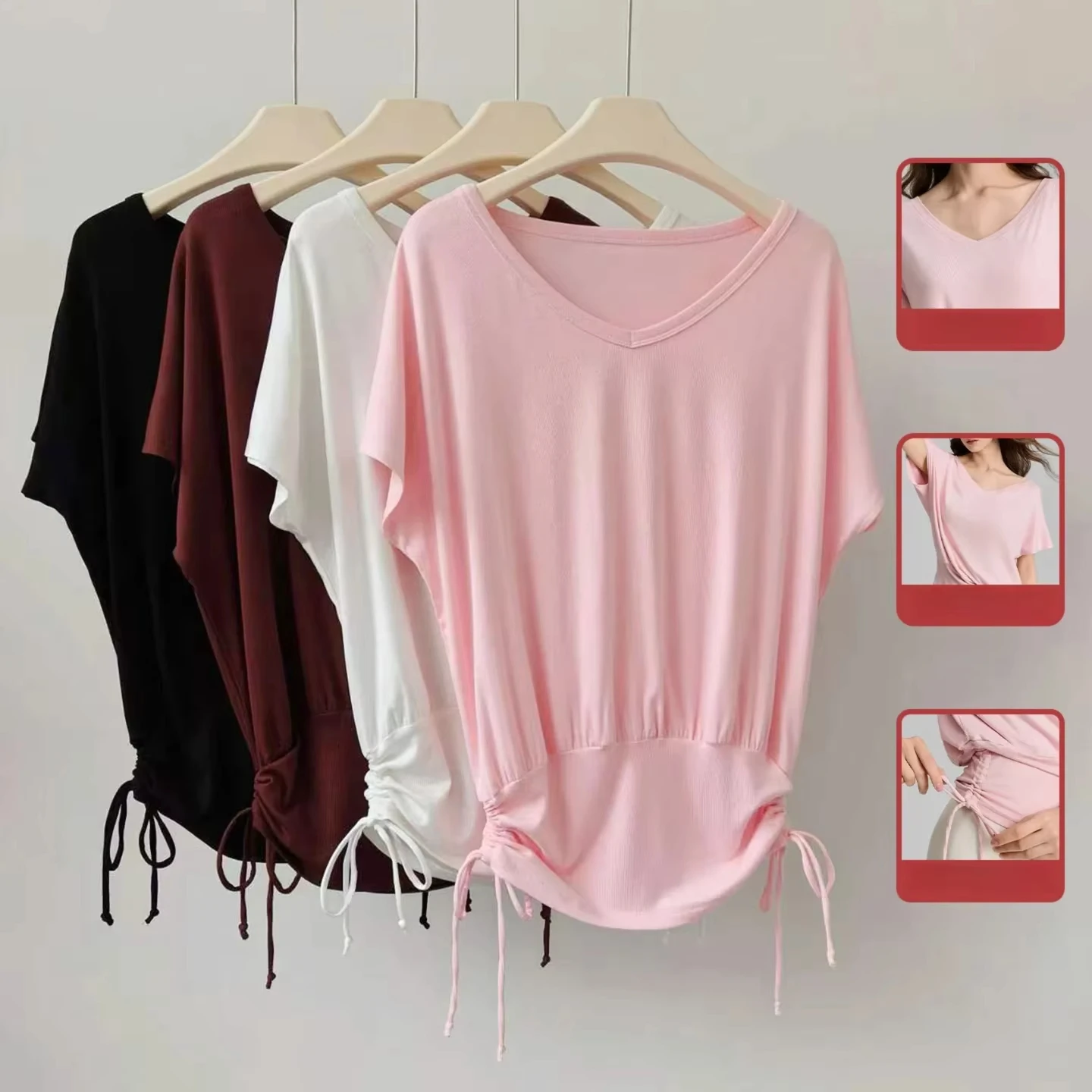Atmungsaktives, schnelltrocknendes Yoga-Top für Damen mit V-Ausschnitt, kurzen Ärmeln, schlankmachendem Fledermausärmel, für Pilates, Fitness, Training und Sport. – Detail 2