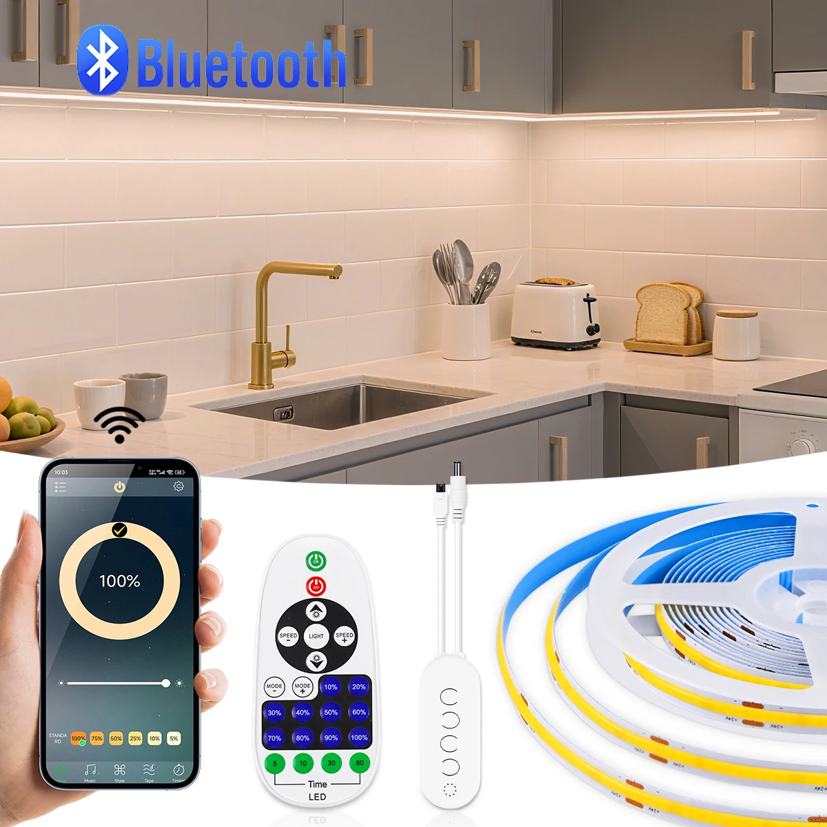 

2M 5M 10M Bluetooth App Control/RF Дистанционное Управление Умный Светодиодный Свет Кухня Гостиная Спальня Освещение COB Лампа ЕС/США Вилка питания