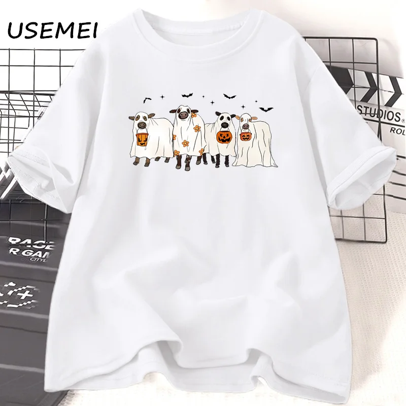 Halloween Ghost Cows T-shirt Spooky Cows Pumkin Graphic T Shirts Cotton Short Sleeve Round Neck Tshirt Womans Clothing Tees