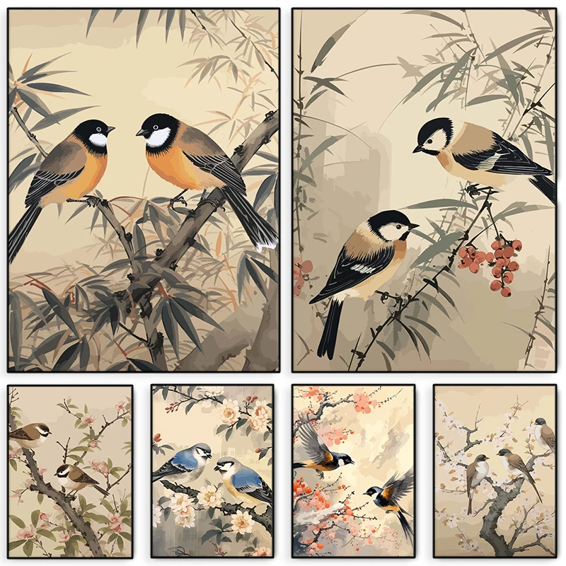 Arte japonés Vintage, dos pájaros en ramas de árboles, lienzo, póster artístico de pared para sala de estar, estudio, decoración del hogar
