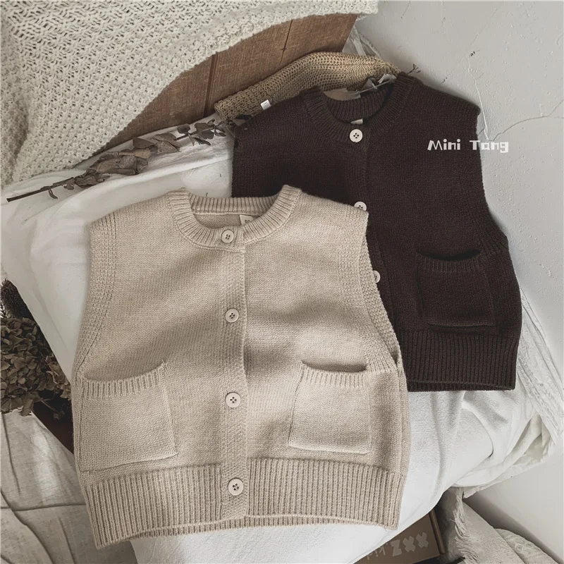 Simple Children\'s Clothing Kids Knitted Vest Solid Versatile Girls Sweater Spring and Autumn Boys Clothes Pocket Vest Cardigan