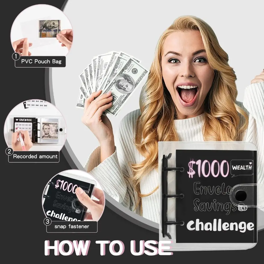 Fun Way Mini ประหยัดเงิน Binder $150/300/500/1000 PVC Mini Budget Binder ทนทานสีสันออมทรัพย์ความท้าทายหนังสือประหยัดเงิน