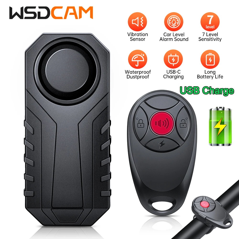 wsdcam alarme de bicicleta com vibracao antirroubo 113 db alarme a prova dagua carga usb alarme de bicicleta para motocicleta com controle remoto 01