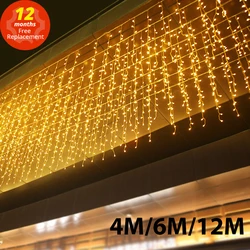 4/6/12M Led luzes da corda de icicle luz de fadas guirlanda natal 220v decoração ao ar livre cortina led para festa de casamento de ano novo