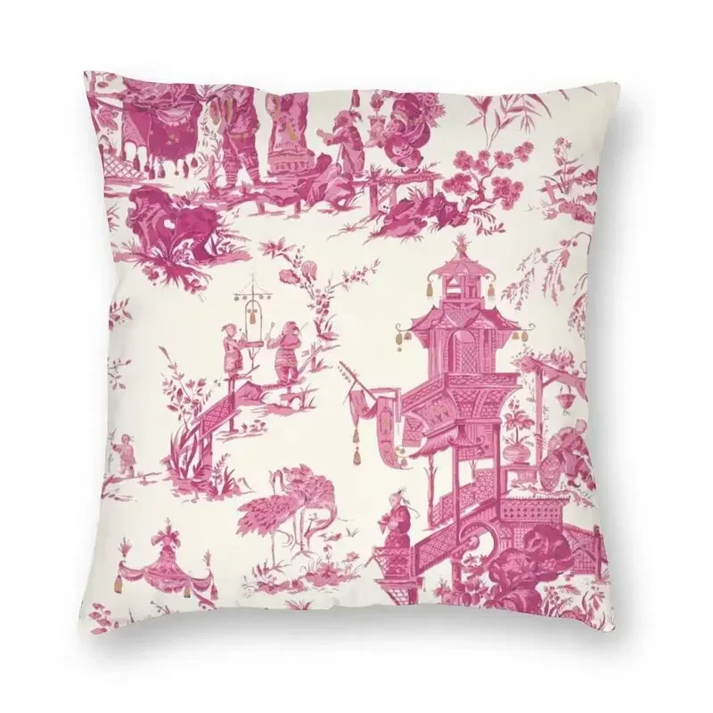 Toile De Jouy Pink Chinoiserie Tea House Pagoda Throw Pillow Covers Living Room Decoration Porcelain Floral Cushions for Sofa