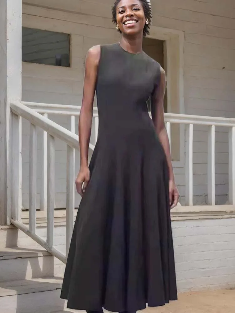 YENKYE Spring 2024 Women Dark Gray Sleeveless Dress O Neck A-line Pleats Sexy Elegant Ladies Long Dresses