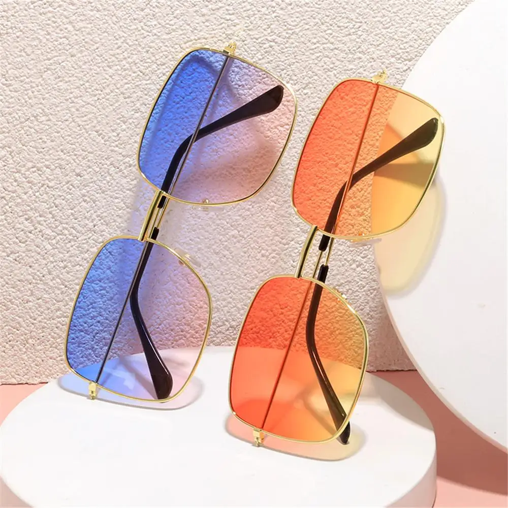 Vintage Versatile Metal Square Sunglasses Large Frame Korean Style Ocean Lens Shades Pink Hippie Glasses for Women & Men